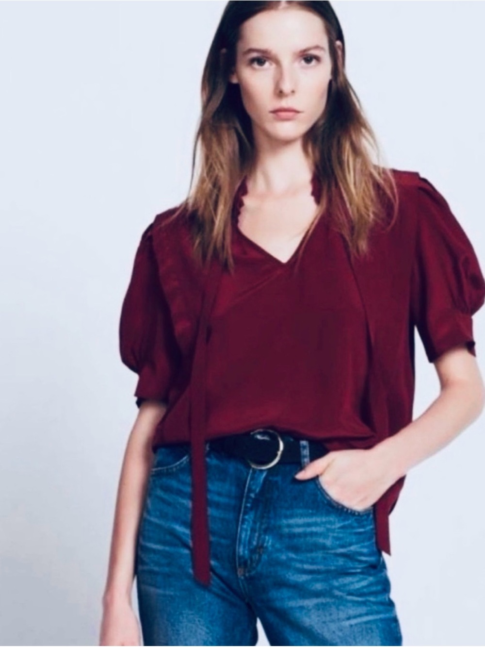 Sandro Silk Women’s V-Neck Blouse in Merlot Burgundy